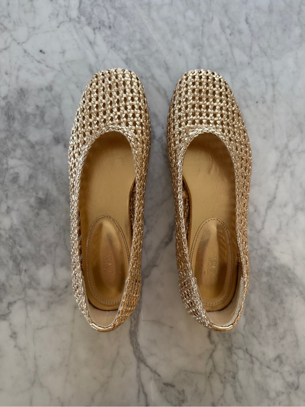 Zara Metallic Gold Woven Ballet Flats Size 38